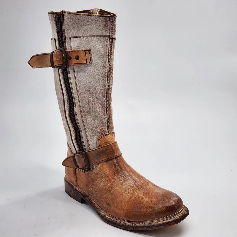 BED‎ STU NIB Gogo Distressed Leather Mid-Calf Boots 8.5 Brown White